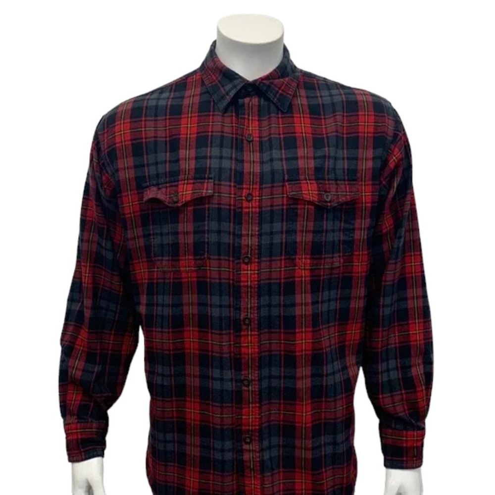 Vintage Red Head Cotton Red Black Plaid Flannel Lumber Jack Long Sleeve Shirt LG